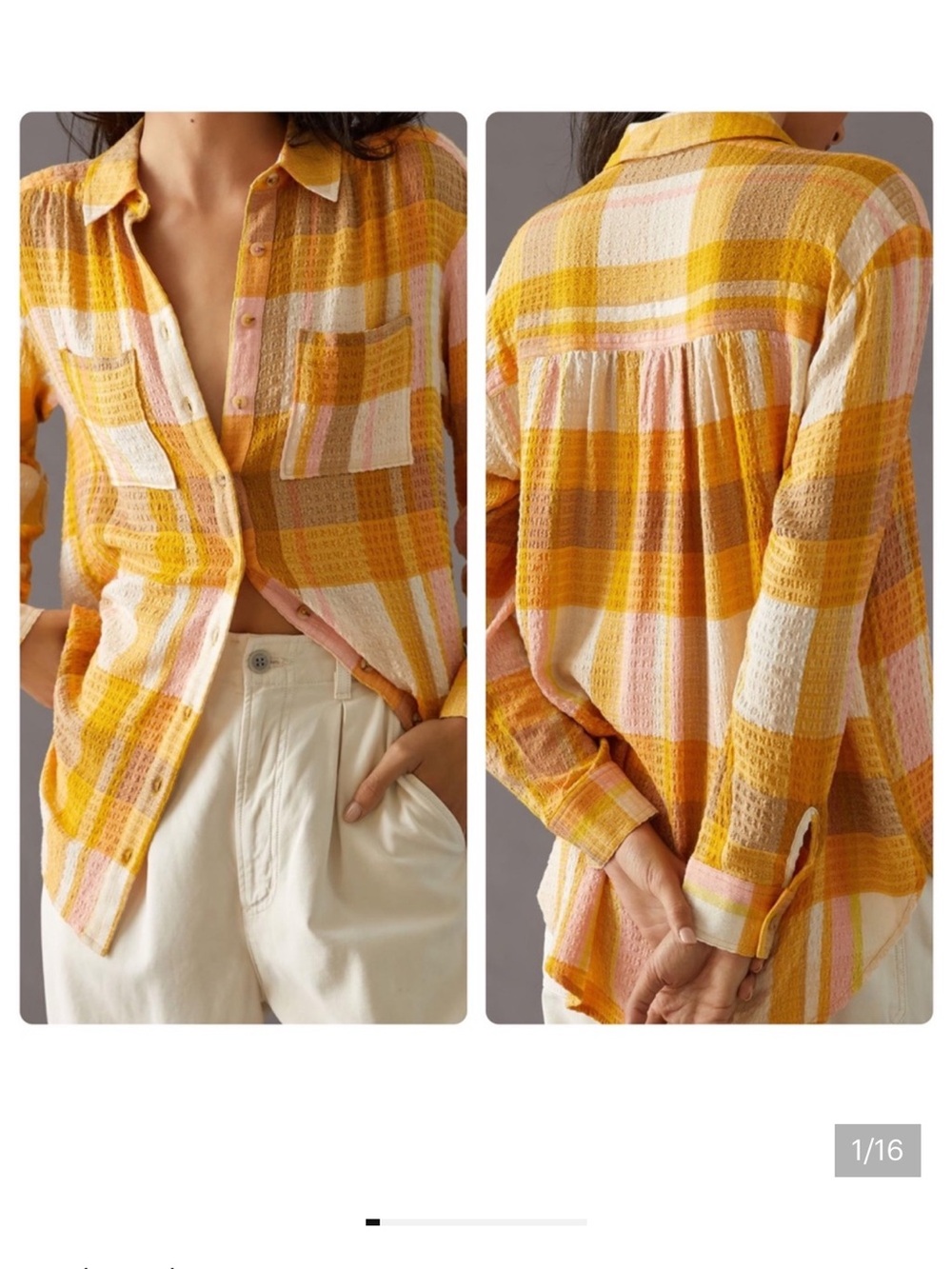Pilcro Yellow & Pink Plaid Button-Down Shirt Lightweight Small Petite
